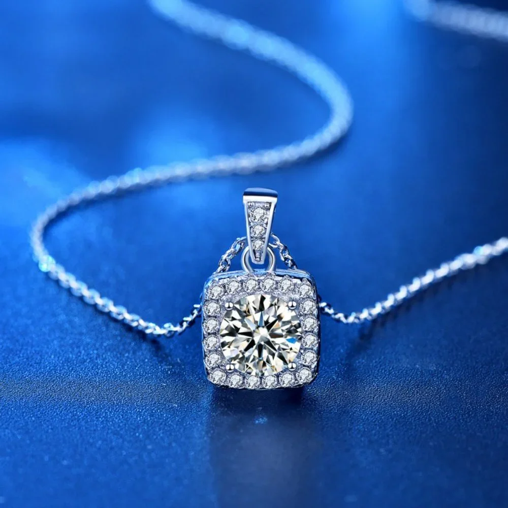 Certified 1ct. t.w. Moissanite Diamond Square Halo Pendant Necklace NEW